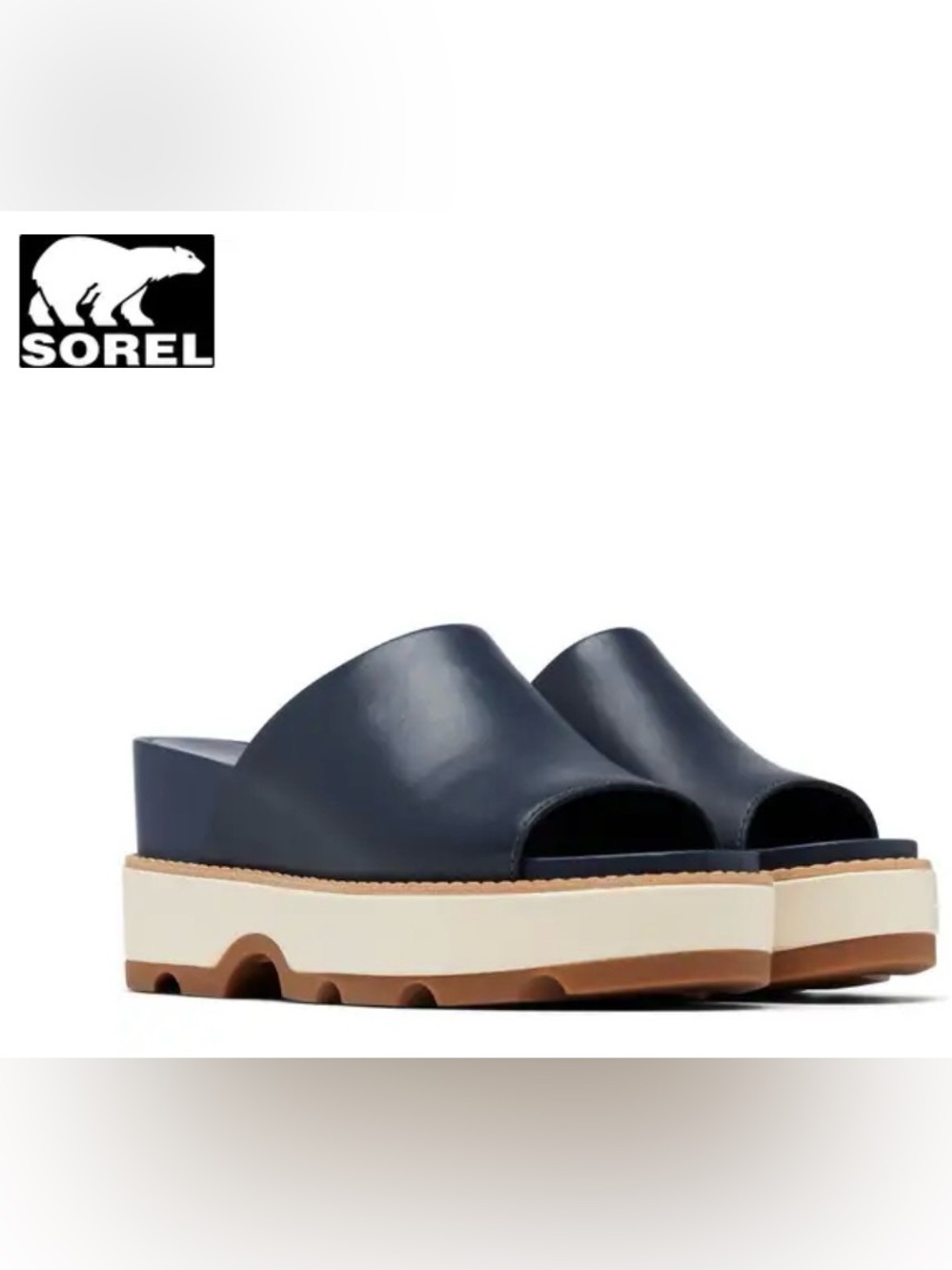 NWOB Sorel Joanie Leather Slide Platform Mules - Navy Blue with Cream Midsole